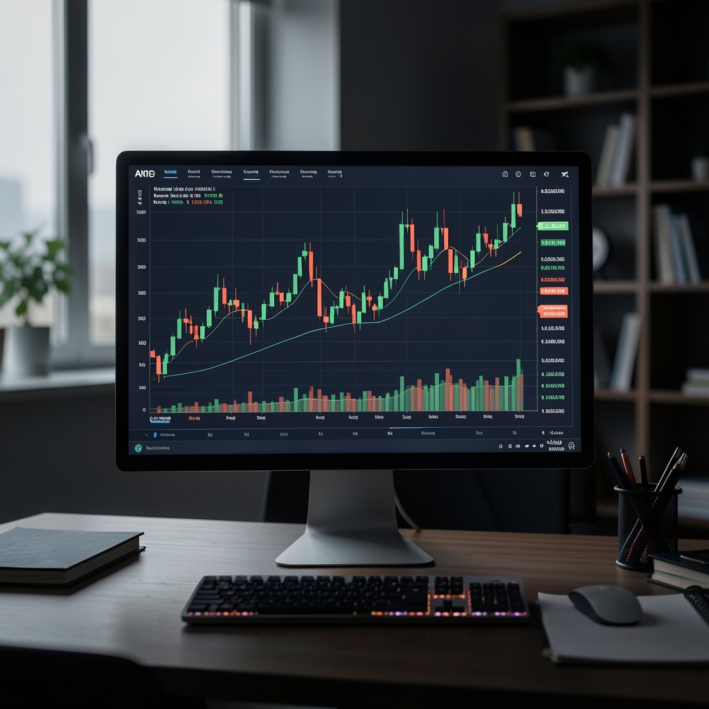 Grafički prikaz burzovnih grafikona i financijskih indikatora na računalnom ekranu u tamnoj sobi analitičara