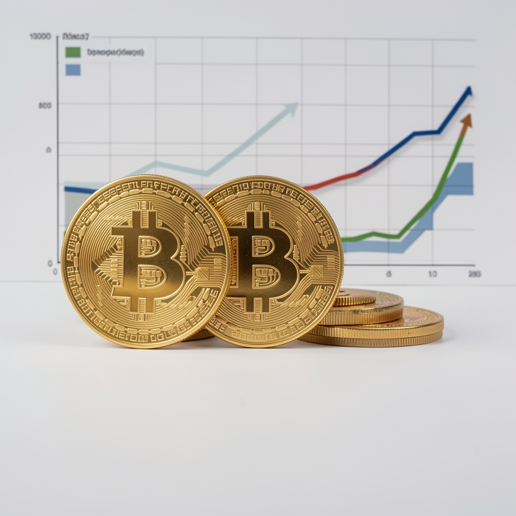 Bitcoin i fizičke zlatne kovanice postavljene jedna pored druge uz grafove usporedbe prinosa