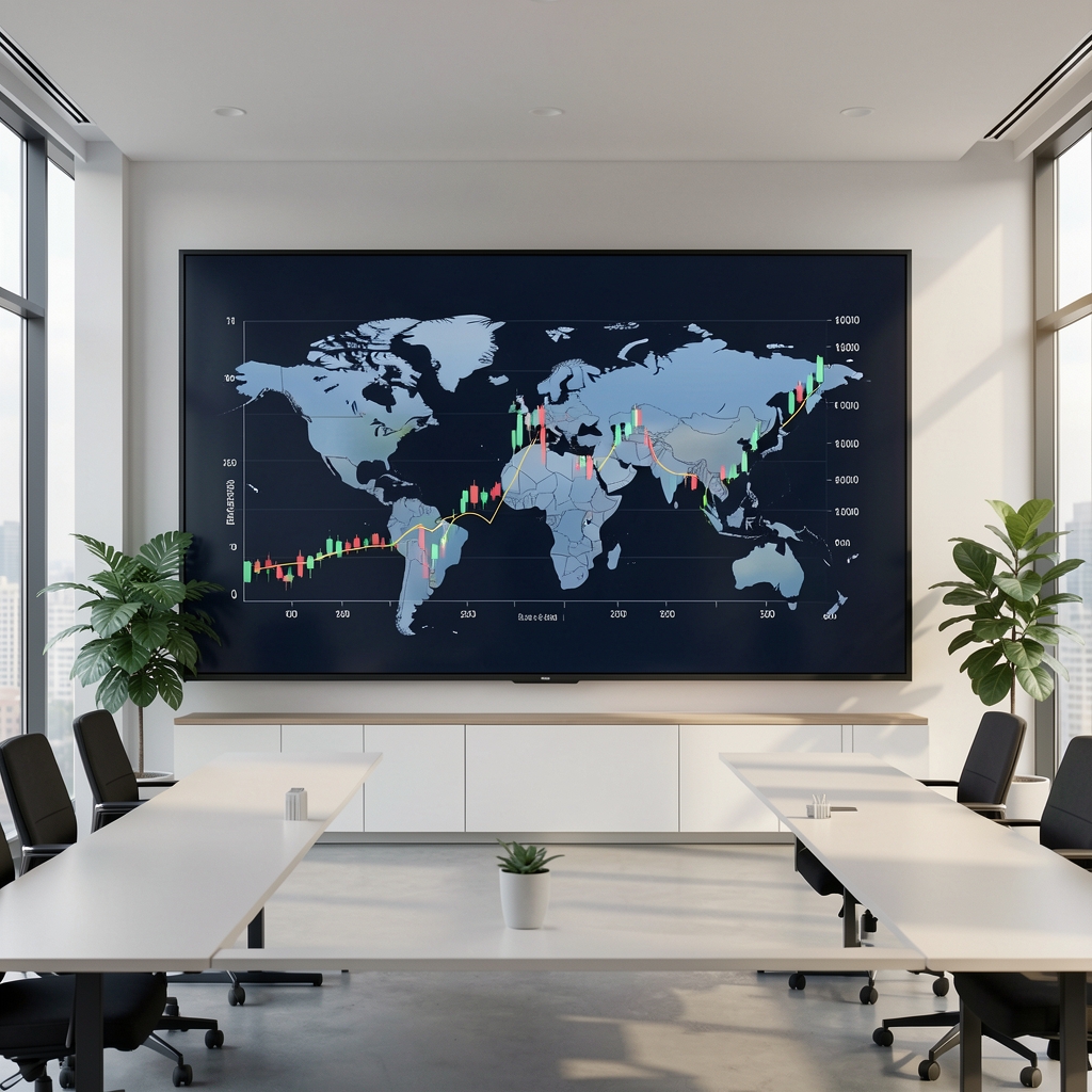 Grafikon globalnih kamatnih stopa centralnih banaka prikazan na velikom digitalnom zaslonu u modernoj uredskoj sali