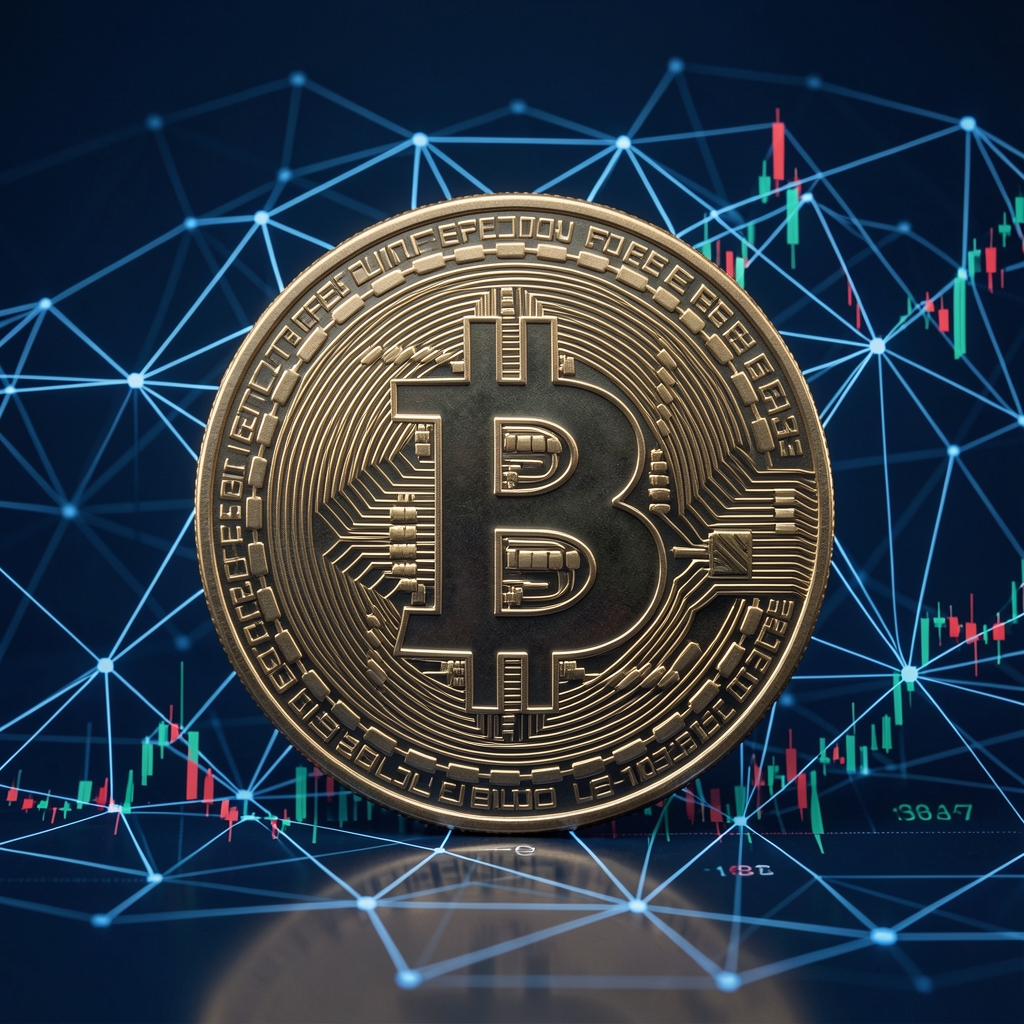 Digitalni prikaz kriptovalute Bitcoin sa simbolima blokchain mreže na tamnoplavoj pozadini s podacima tržišnog kretanja