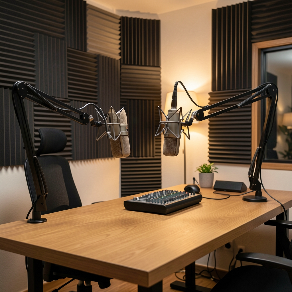 Moderni podcast studio s profesionalnim mikrofonima, akustičnim panelima na zidovima i toplim osvjetljenjem