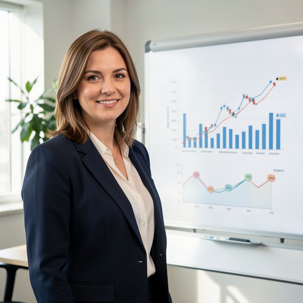 Maja Kovač, analitičarka investicijskih fondova, u poslovnoj odjeći pred bijelim pločom s financijskim grafikonima