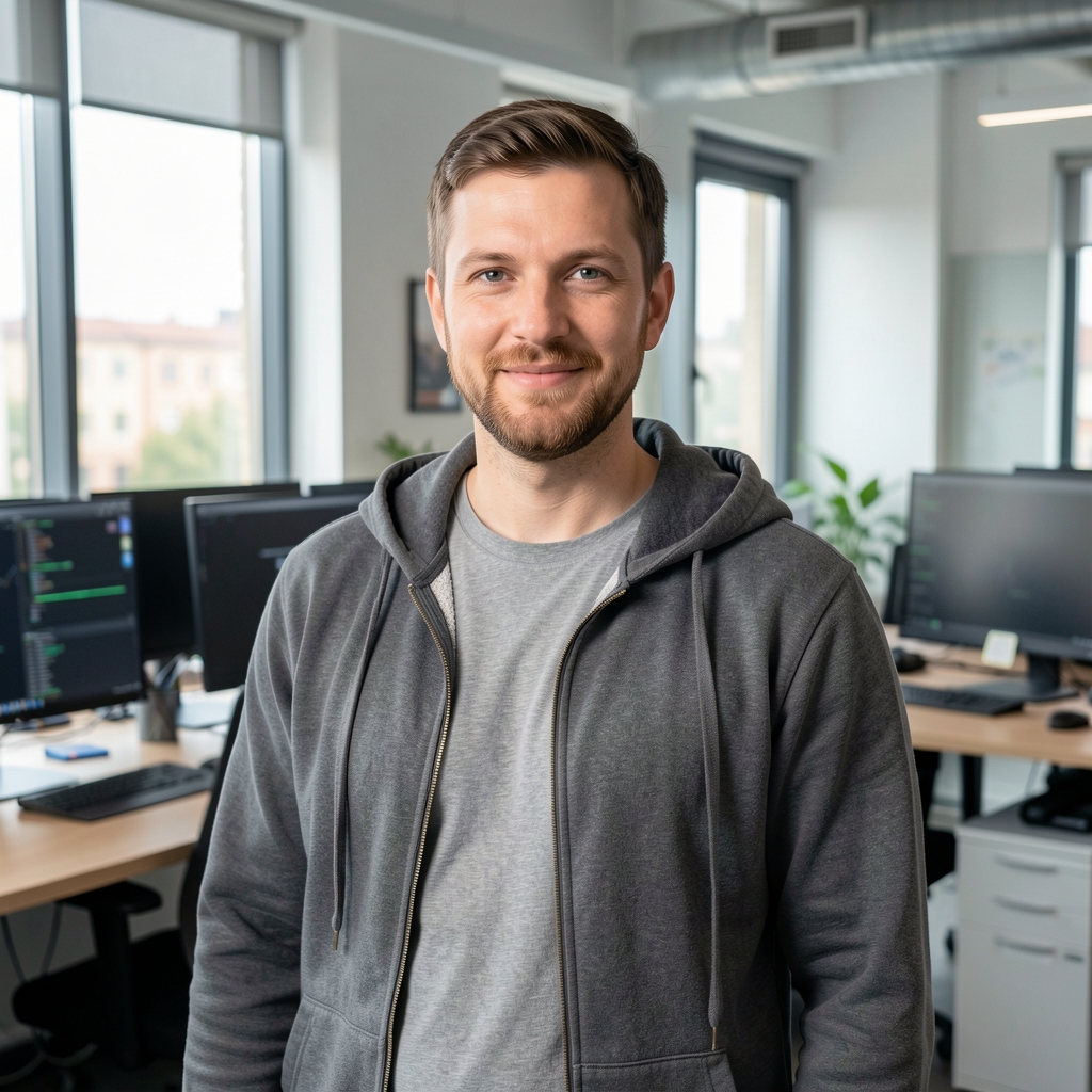 Matej Filipović, stručnjak za digitalne financije i kriptoimovinu, u neformalnoj odjeći u tech radnom prostoru