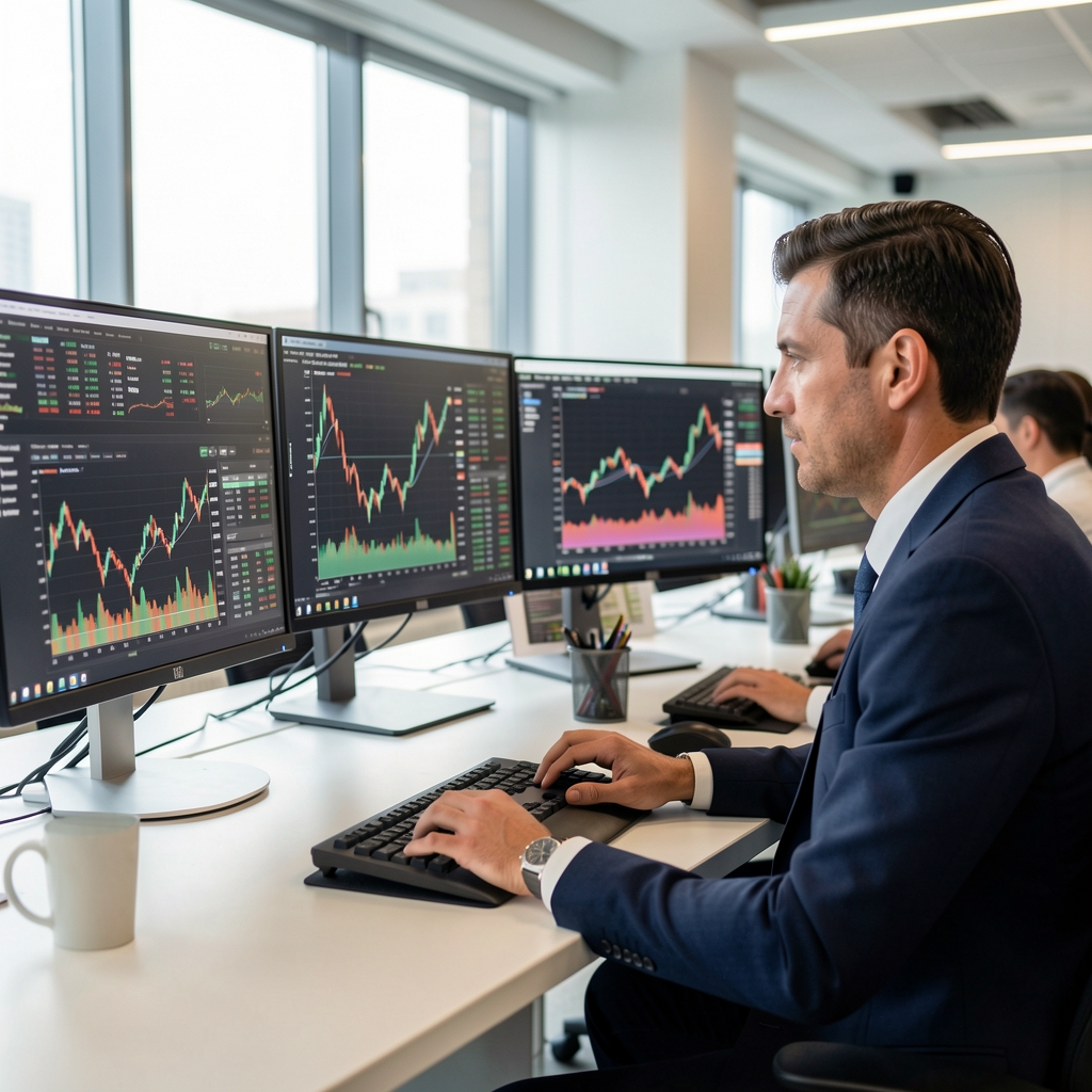 Financijski analitičar promatra više monitora s grafikonima dioničkih tržišta i trguje u modernom uredu