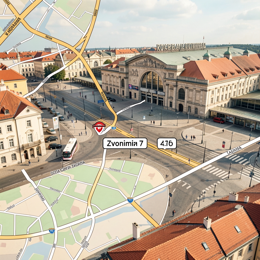 Karta centra Zagreba s označenom lokacijom Ulice Kralja Zvonimira 7 u blizini glavnog kolodvora